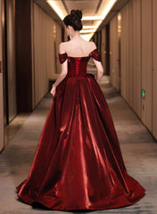 A-line Off Shoulder Beaded Wine Red Satin Prom Dresses, Wine Red Party Dresses