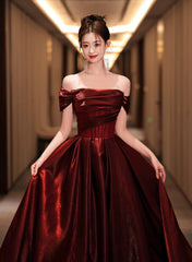 A-line Off Shoulder Beaded Wine Red Satin Prom Dresses, Wine Red Party Dresses