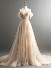 A-Line Off Shoulder Champagne Tulle Long Prom Dresses, Champagne Long Evening Dresses