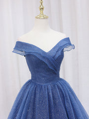 A-Line Off Shoulder Dark Blue Long Prom Dresses, Shiny Tulle Long Graduation Dresses