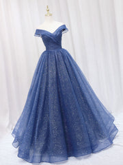 A-Line Off Shoulder Dark Blue Long Prom Dresses, Shiny Tulle Long Graduation Dresses