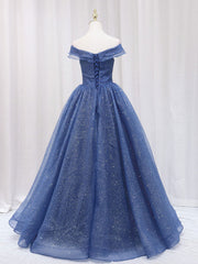 A-Line Off Shoulder Dark Blue Long Prom Dresses, Shiny Tulle Long Graduation Dresses