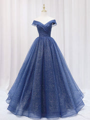 A-Line Off Shoulder Dark Blue Long Prom Dresses, Shiny Tulle Long Graduation Dresses