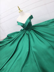 A-Line Off Shoulder Green Satin Long Prom Dresses, Green Evening Dresses