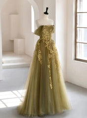 A-Line Off Shoulder Long Prom Dresses, Green Tulle Formal Evening Dresses