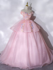 A-Line Off Shoulder Organza Lace Pink Long Prom Dresses. Pink Sweet 16 Dresses