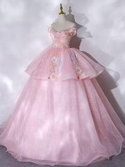 A-Line Off Shoulder Organza Lace Pink Long Prom Dresses. Pink Sweet 16 Dresses