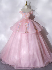 A-Line Off Shoulder Organza Lace Pink Long Prom Dresses. Pink Sweet 16 Dresses