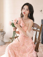 A-Line Off Shoulder Pink Long Prom Dresses, Pink Long Graduation Dresses