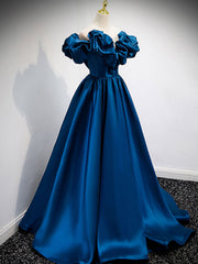 A-Line Off Shoulder Satin Blue Long Prom Dresses, Blue Evening Dresses