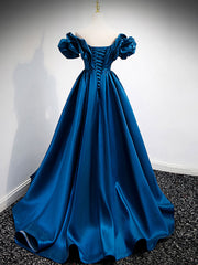 A-Line Off Shoulder Satin Blue Long Prom Dresses, Blue Evening Dresses