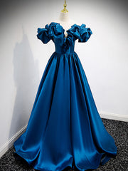 A-Line Off Shoulder Satin Blue Long Prom Dresses, Blue Evening Dresses