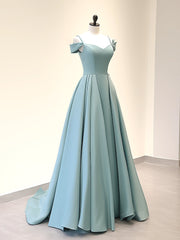 A-Line Off Shoulder Satin Blue Long Prom Dresses, Blue Long Evening Dresses