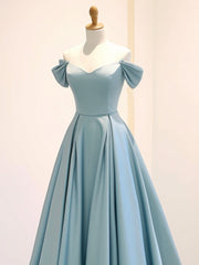 A-Line Off Shoulder Satin Blue Long Prom Dresses, Blue Long Formal Dresses