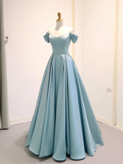 A-Line Off Shoulder Satin Blue Long Prom Dresses, Blue Long Formal Dresses