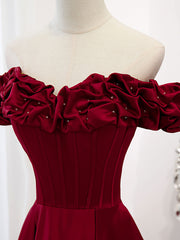 A-Line Off Shoulder Satin Burgundy Long Prom Dresses, Satin Burgundy Evening Dresses