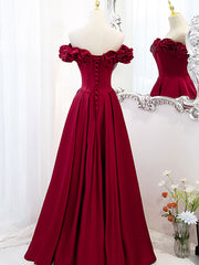 A-Line Off Shoulder Satin Burgundy Long Prom Dresses, Satin Burgundy Evening Dresses