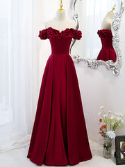 A-Line Off Shoulder Satin Burgundy Long Prom Dresses, Satin Burgundy Evening Dresses