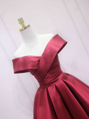 A-Line Off Shoulder Satin Burgundy Short Prom Dresses, Burgundy Homecoming Dresses