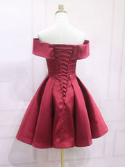 A-Line Off Shoulder Satin Burgundy Short Prom Dresses, Burgundy Homecoming Dresses