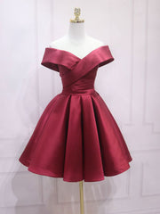 A-Line Off Shoulder Satin Burgundy Short Prom Dresses, Burgundy Homecoming Dresses