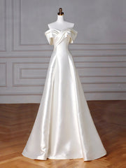 A-Line Off Shoulder Satin ivory Long Prom Dresses, Satin Long Formal Dresses