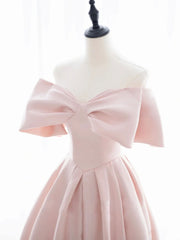 A-Line Off Shoulder Satin Pink Short Prom Dresses, Pink Homecoming Dresses