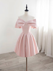 A-Line Off Shoulder Satin Pink Short Prom Dresses, Pink Homecoming Dresses