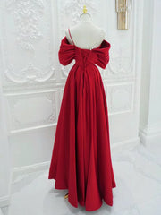 A-Line Off Shoulder Satin Red Long Prom Dresses, Red Long Formal Dresses