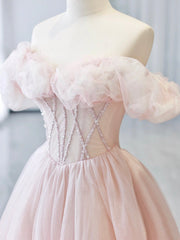 A-Line Off Shoulder Tulle Beads Pink Long Prom Dresses, Pink Tulle Long Formal Dresses