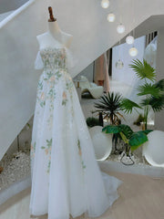 A-Line Off Shoulder Tulle Lace Applique White Long Prom Dresses, White Long Formal Dresses