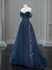 A-Line Off Shoulder Tulle Lace Dark Blue Long Prom Dress