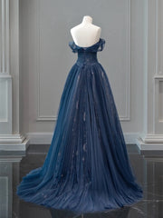 A-Line Off Shoulder Tulle Lace Dark Blue Long Prom Dresses