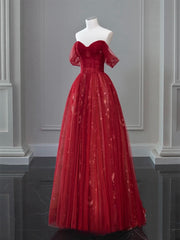 A-Line Off Shoulder Tulle Lace Dark Red Long Prom Dresses