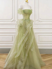 A-Line Off Shoulder Tulle Lace Green Long Prom Dresses, Green Long Graduation Dresses