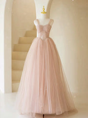 A-Line Off Shoulder Tulle Lace Pink Long Prom Dresses, Pink Long Formal Dresses