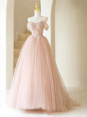 A-Line Off Shoulder Tulle Lace Pink Long Prom Dresses, Pink Long Formal Dresses