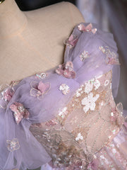 A-Line Off Shoulder Tulle Lace Purple Short Prom Dresses, Cute Purple Homecoming Dresses