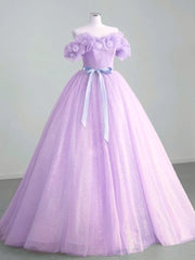 A-Line Off Shoulder Tulle Lavender Long Prom Dresses