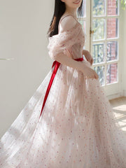 A-Line Off Shoulder Tulle Light Pink Long Prom Dresses, Long Formal Dresses