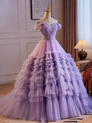 A-Line Off Shoulder Tulle Purple Long Prom Dresses, Purple Long Evening Dresses