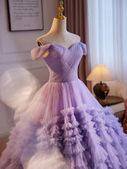 A-Line Off Shoulder Tulle Purple Long Prom Dresses, Purple Long Evening Dresses