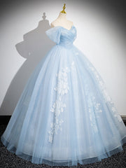 A-Line Off Shoulder Tulle Sequin Blue Long Prom Dresses, Blue Sweet 16 Dresses