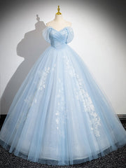 A-Line Off Shoulder Tulle Sequin Blue Long Prom Dresses, Blue Sweet 16 Dresses