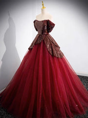 A-Line Off Shoulder Tulle Sequin Burgundy Long Prom Dresses, Burgundy Evening Dresses