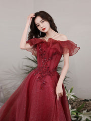 A-Line Off Shoulder Tulle Sequin Lace Burgundy Long Prom Dresses, Burgundy Long Formal Dresses