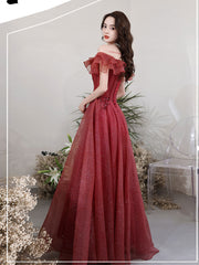 A-Line Off Shoulder Tulle Sequin Lace Burgundy Long Prom Dresses, Burgundy Long Formal Dresses