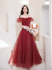 A-Line Off Shoulder Tulle Sequin Lace Burgundy Long Prom Dresses, Burgundy Long Formal Dresses