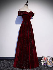 A-Line Off Shoulder Velvet Burgundy Long Prom Dresses, Burgundy Long Formal Dresses