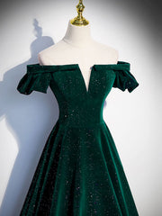 A-Line Off Shoulder Velvet Long Prom Dresses, Green Velvet Graduation Dresses